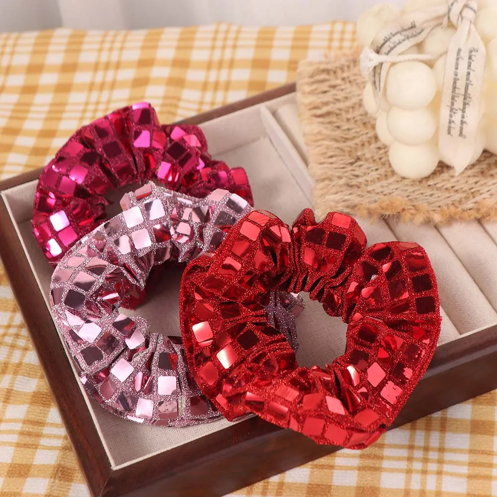 

6pcs Square Sequin Sequin Hair Rope Retro Disco Pleated Design Large Intestine Hair Tie Ponytail Holder Super Shiny
