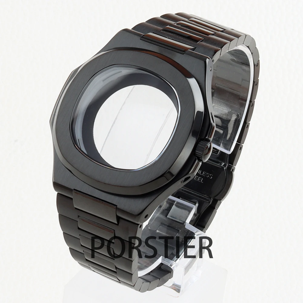 Black PVD 40mm Watch Case Parts WatchBand For Modified Nautilus Seiko NH34 NH35 NH36 NH38 Movement 30.5mm Sapphire Crystal Glass