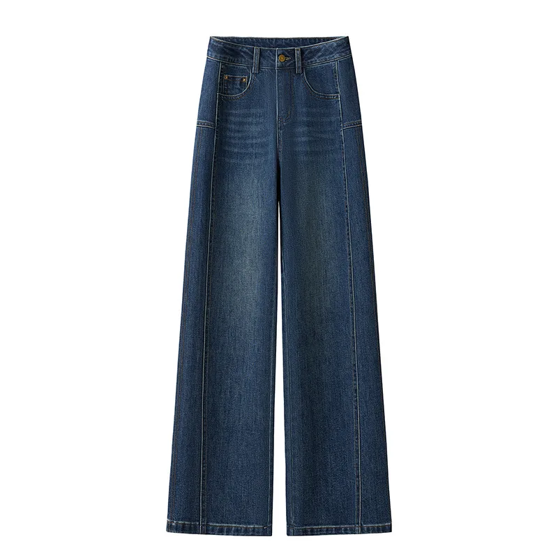 여성용 빈티지 블루 데님 와이드 레그 팬츠, 새로운 봄과 가을 하이웨이스트 루즈 드레이프드 좁은 스트레이트 팬츠