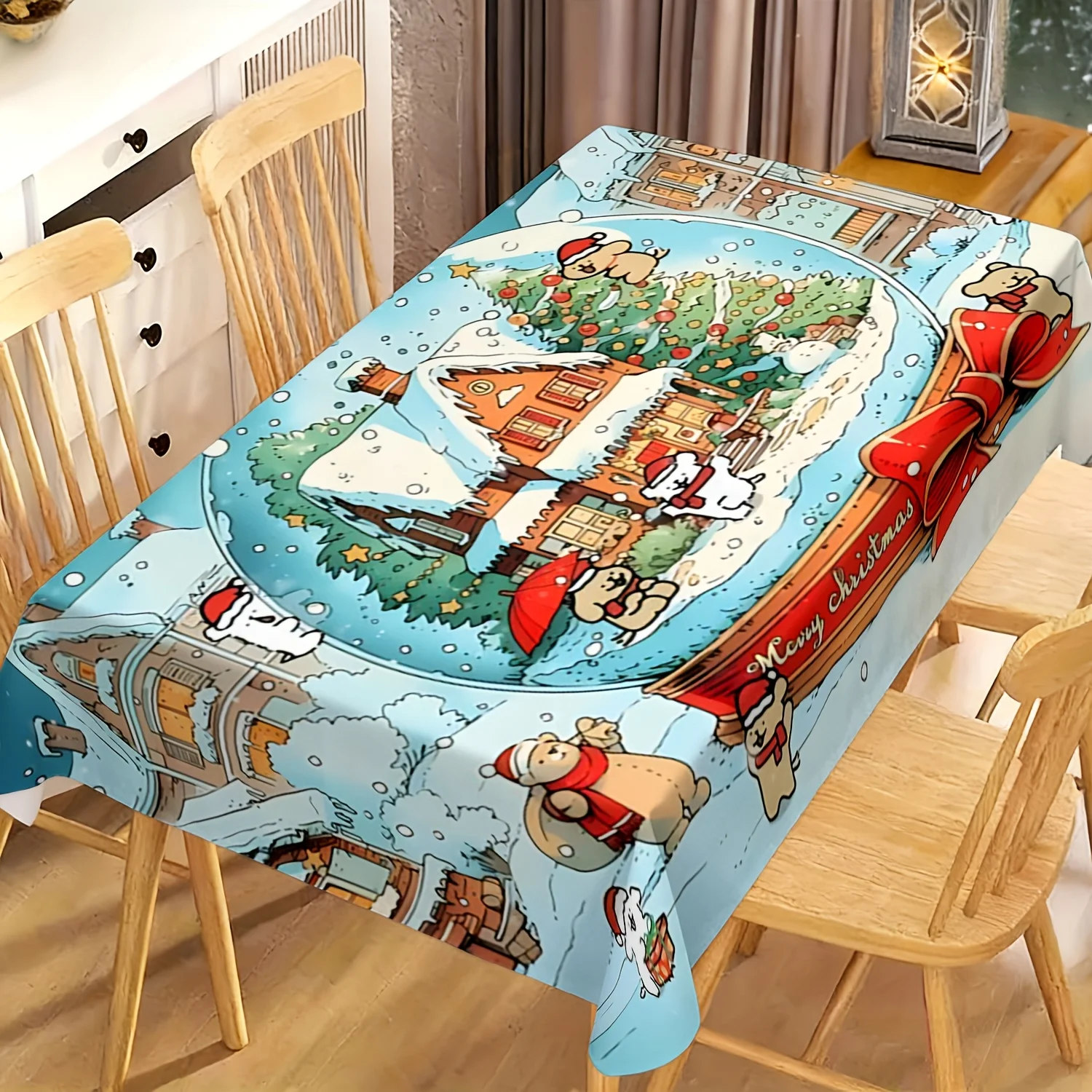 Cartoon Bear Snow Globe Xmas Tablecloth, Soft Rectangular Washable Table Cover for Daily Dining & Family Holiday Gathering Decor