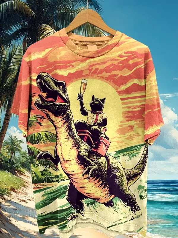 2025 Camiseta informal con estampado 3D de gato y dinosaurio para hombre, ropa de calle Unisex, camiseta de manga corta para verano para hombre y mujer, Top de playa
