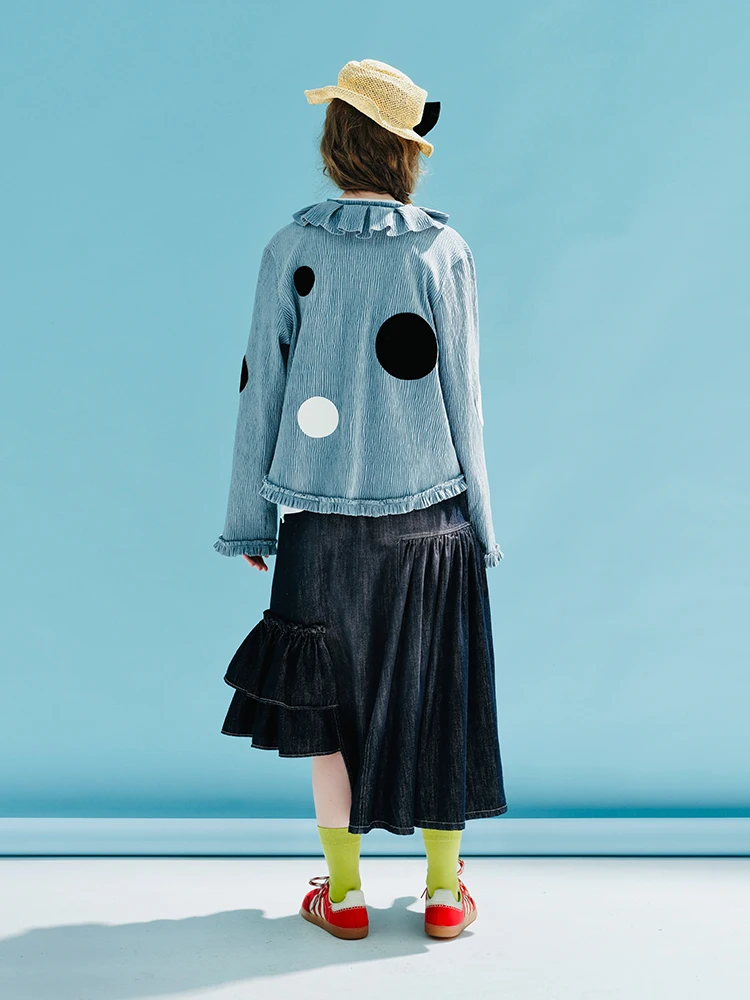 Spring 2023 imakokoni Original Pullover Printed Polka Dot Thick velvet pressed ruffle collar Shirt Long sleeve blue shirt 234014