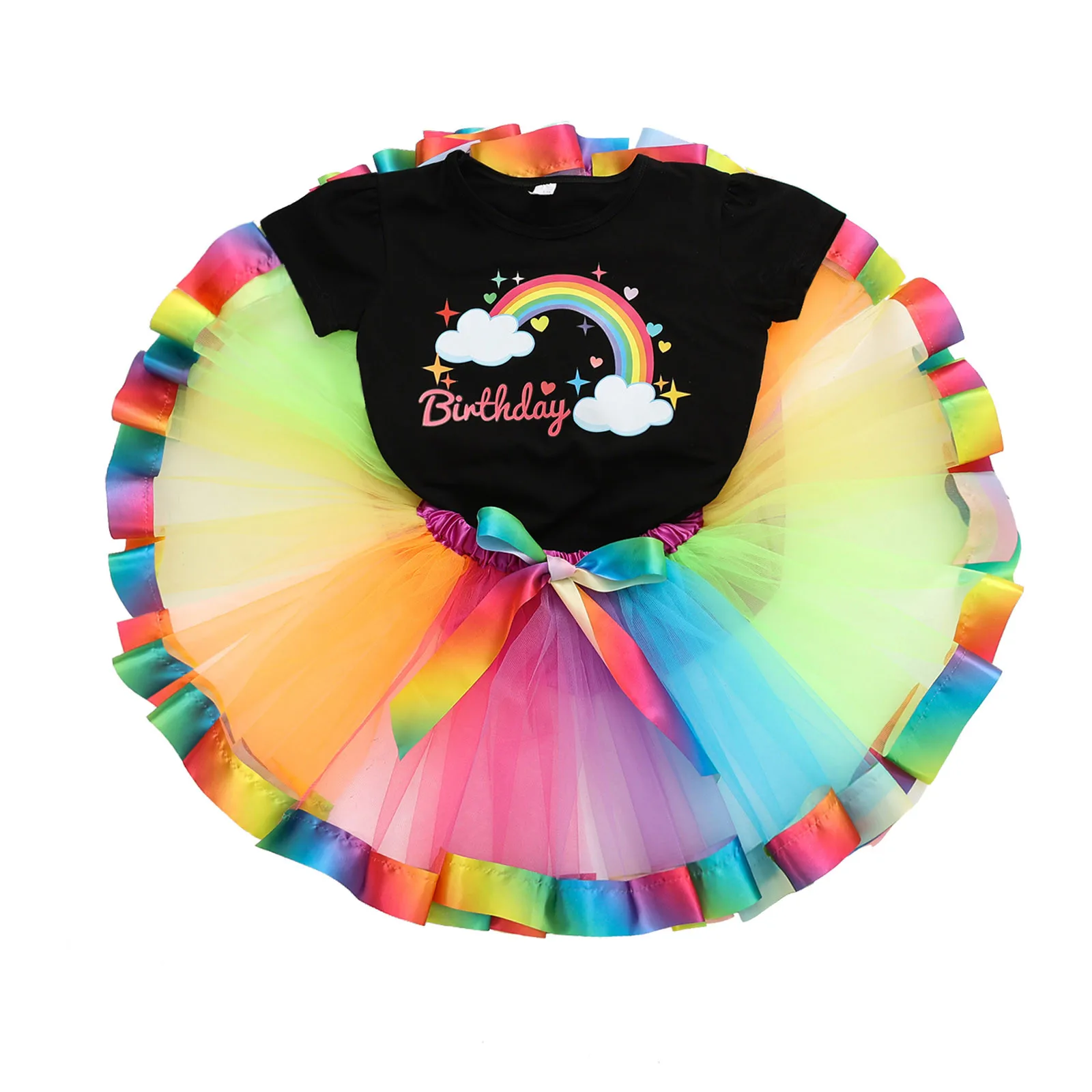 

2-8Y Kids Girls T Shirt Tops+Tulle Dance Skirt Tutu Ballet Costume Skirts Birthday Party Patchwork Colour Baby Girls Clothes Set