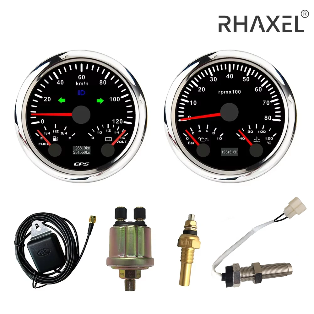 RHAXEL 2 Gauge Set Car 85mm GPS Speedometer 120 200 KM/H Tachometer 8000RPM Fuel Level Water Temp. Oil Pressure 10Bar Volt 12V