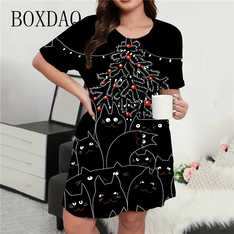 Cartoon Christmas Tree Print Dress For Women Fashion Short Sleeve Loose A-Line Dress Casual Christmas Party Evening Mini Dresses