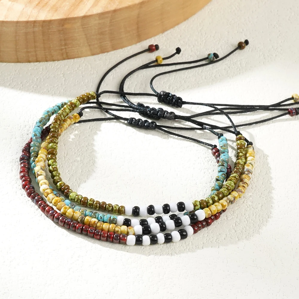 1PC Bohemian retro style mixed color rice bead stacked bead adjustable bracelet suitable for daily gift giving for men and women