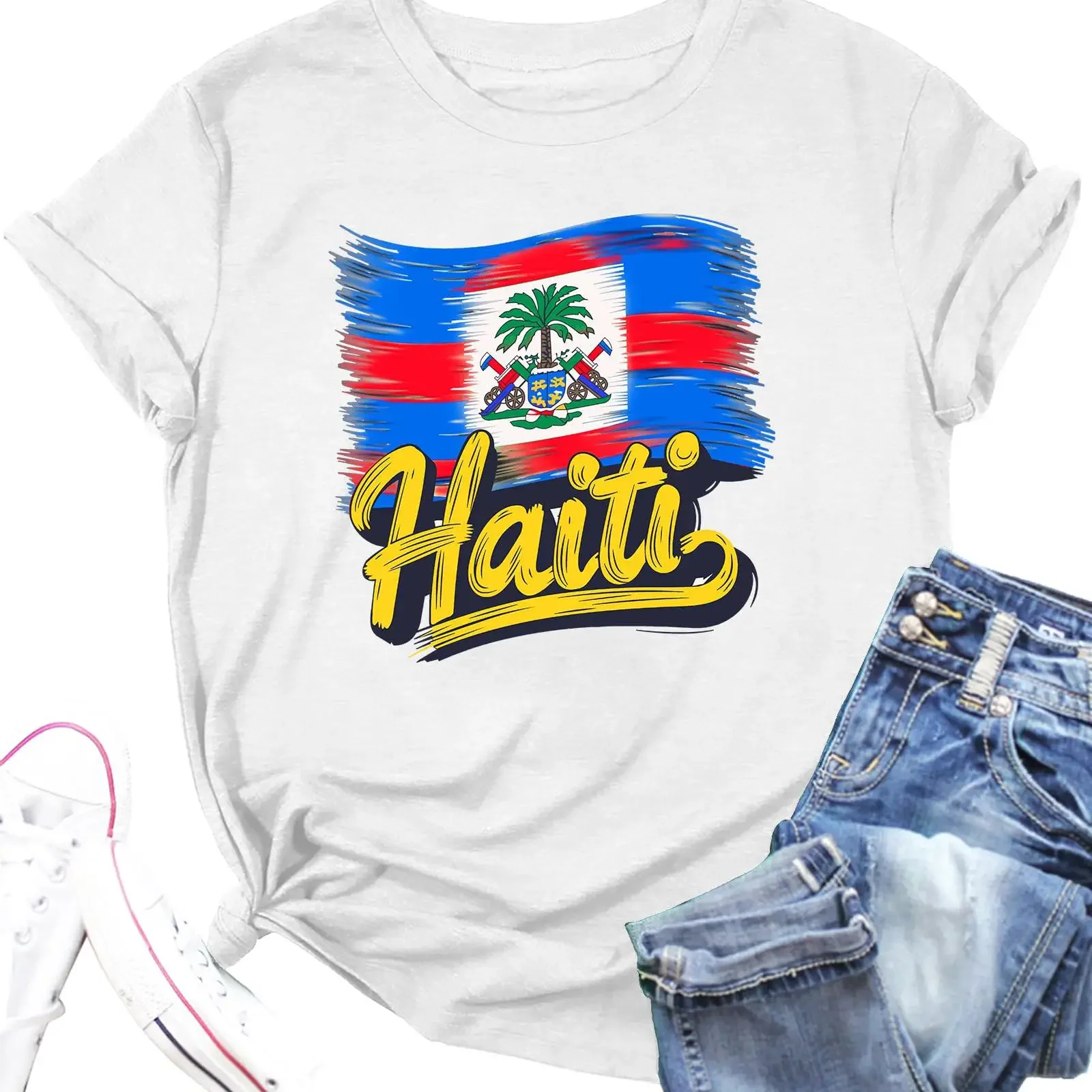 Haiti Haitian Flag T Shirt Women Palm Tree  Pride vintage Washed Comfortable Stylish homme Slightly Top For Everyday Wear