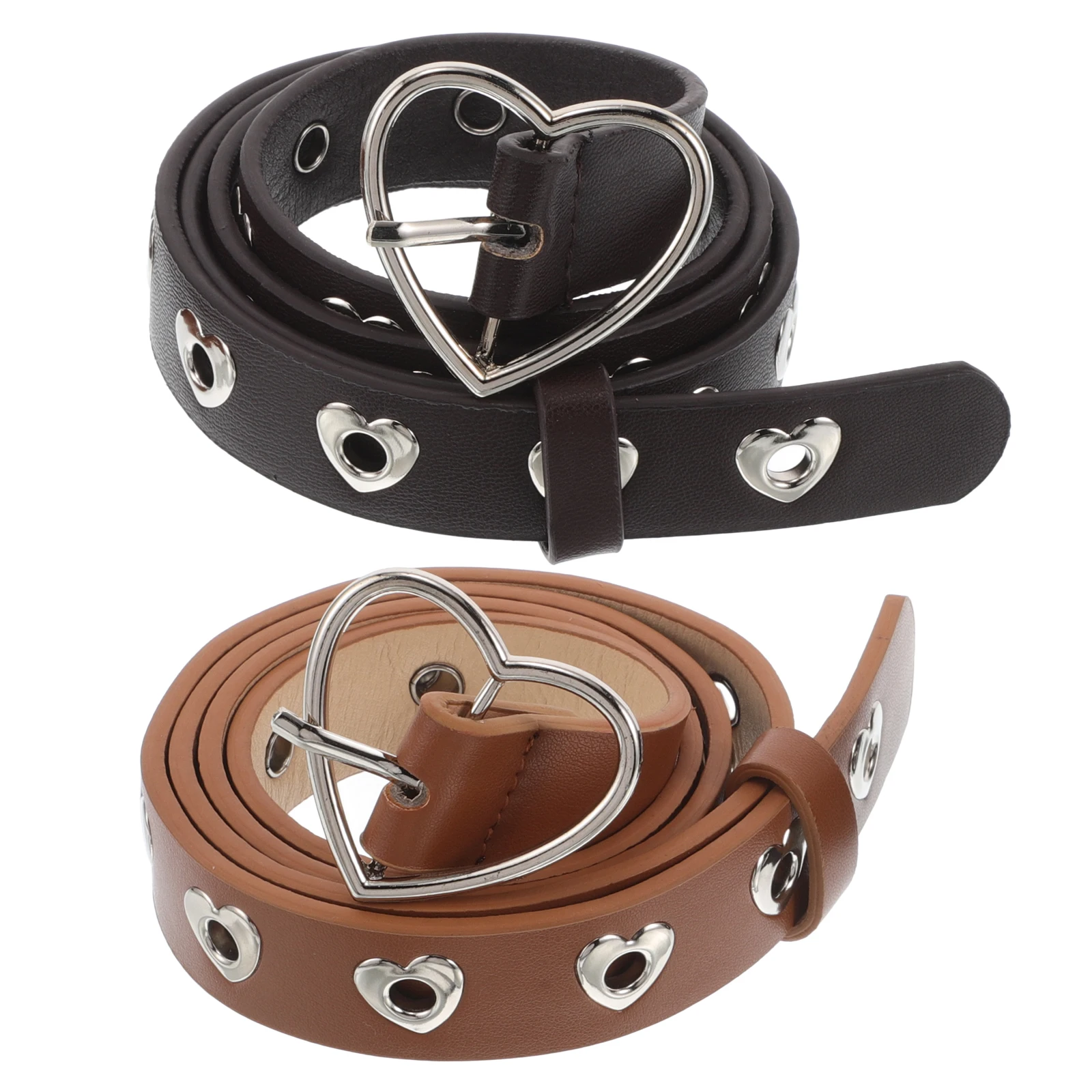 

2Pcs Love Buckle Denim Belt Fashionable Stretchy Decorative Brown 106cm Perforated Adjustable Skirt Jeans Women Lady Stylish