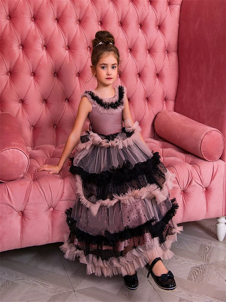 Gorgeous Sleeveless Tulle Lace Layered Flower Girl Dress Princess Ball First Communion Dresses Kids Surprise Birthday Present