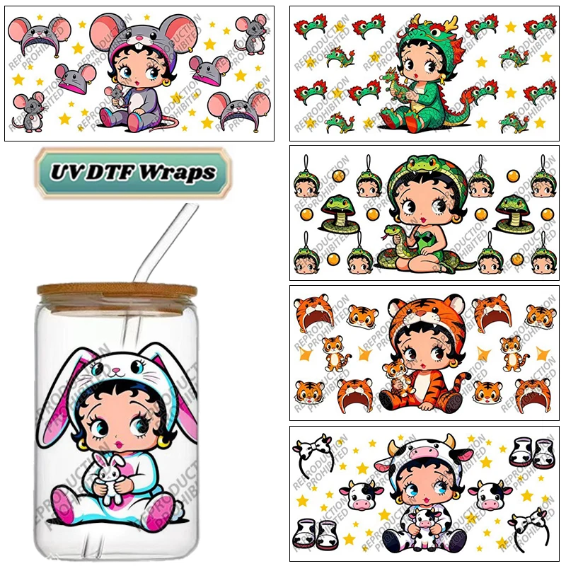 Cute Zodiac Animal Girl UV DTF Wraps Cartoon Animal Outfit Stickers for 16oz Glass Cans Waterproof DIY Transfer Decals