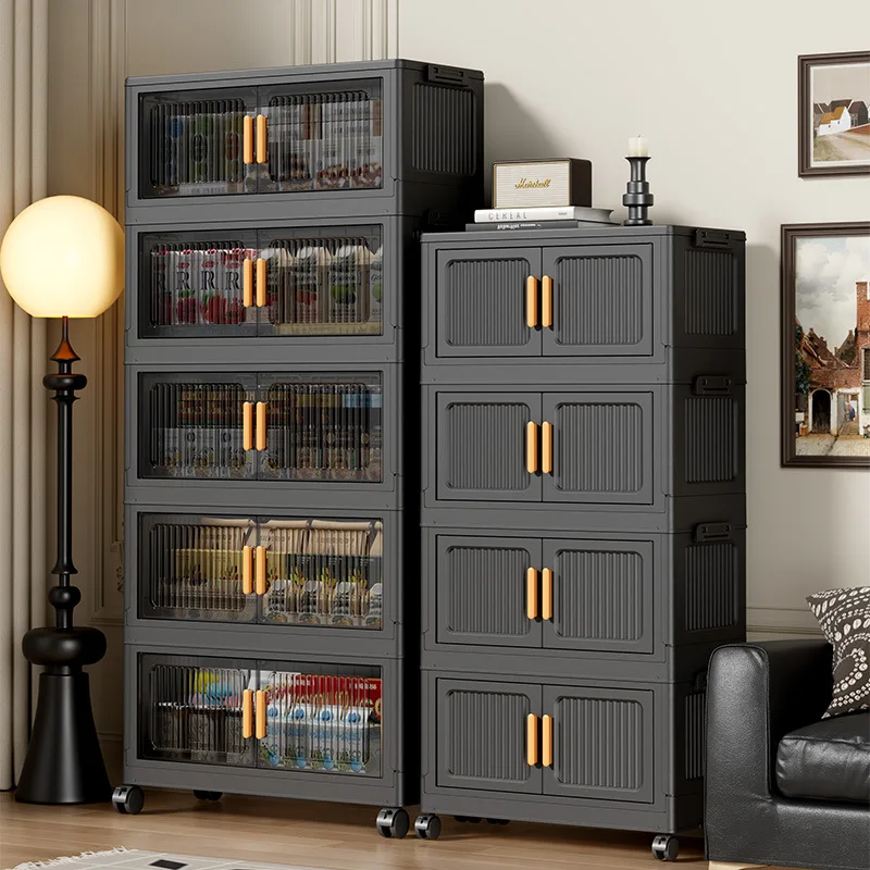 Installation-free Folding Plastic Storage Box Multi-layer Cabinet with Wheels Household Bedside Table Finishing Storage Cabinet