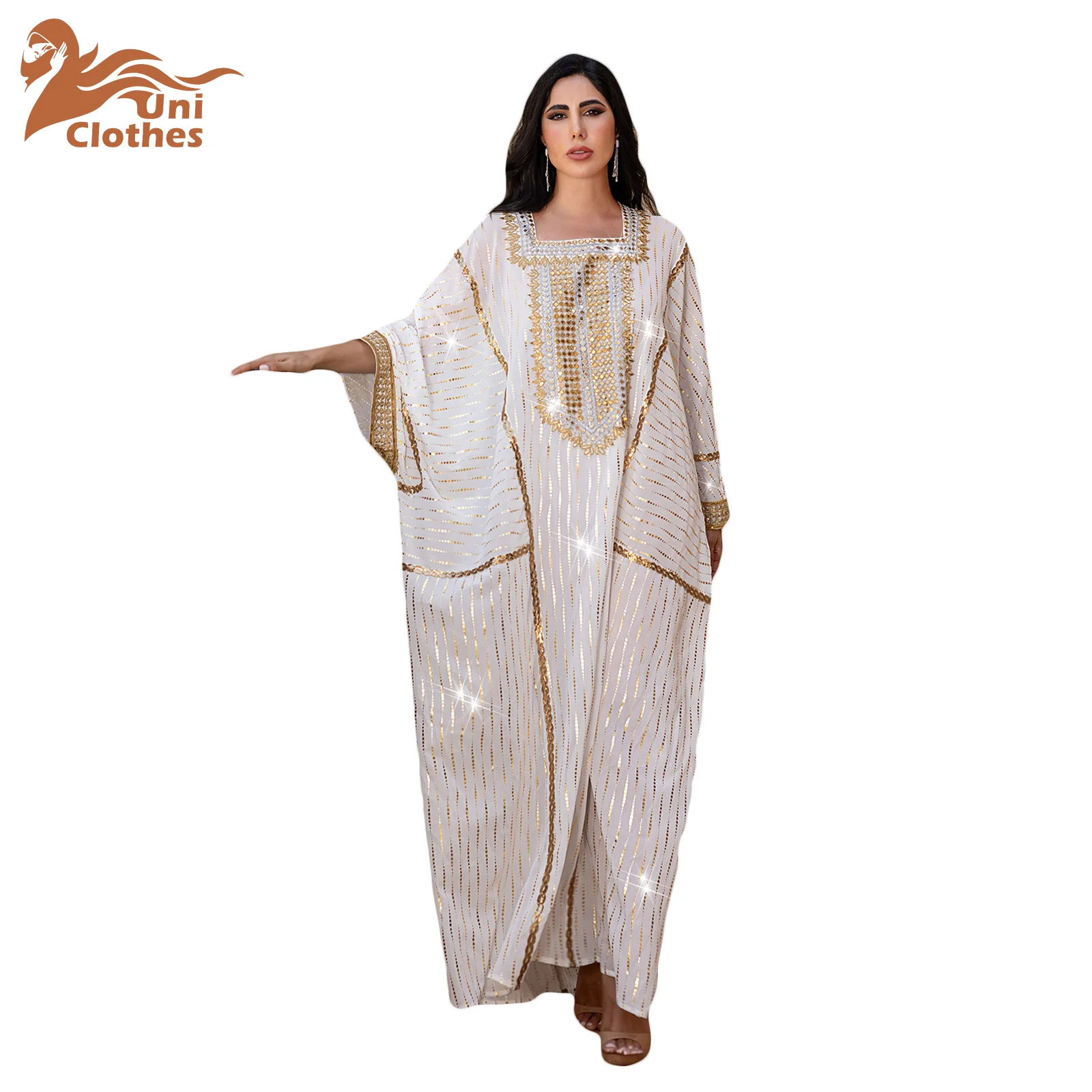 UNI Ramadan Elegant Kaftan Muslim Dress for Women Luxury Arabic Dubai Abaya Islamic Jalabiya Clothing Turkey Dress Moroccan Robe