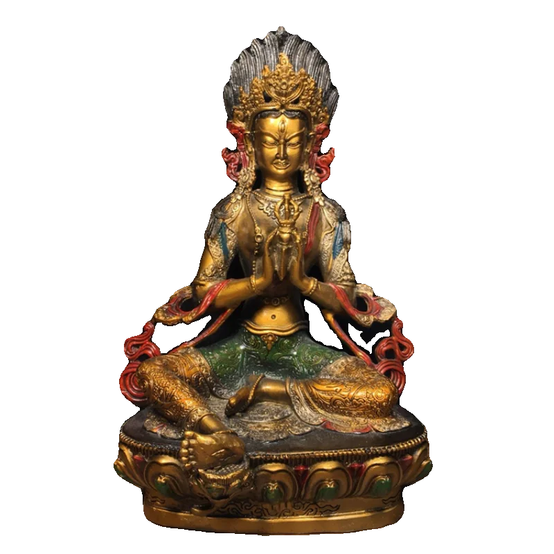 Ancient China's refined pure copper painted green Tara Buddha with exquisite craftsmanship and thick coating