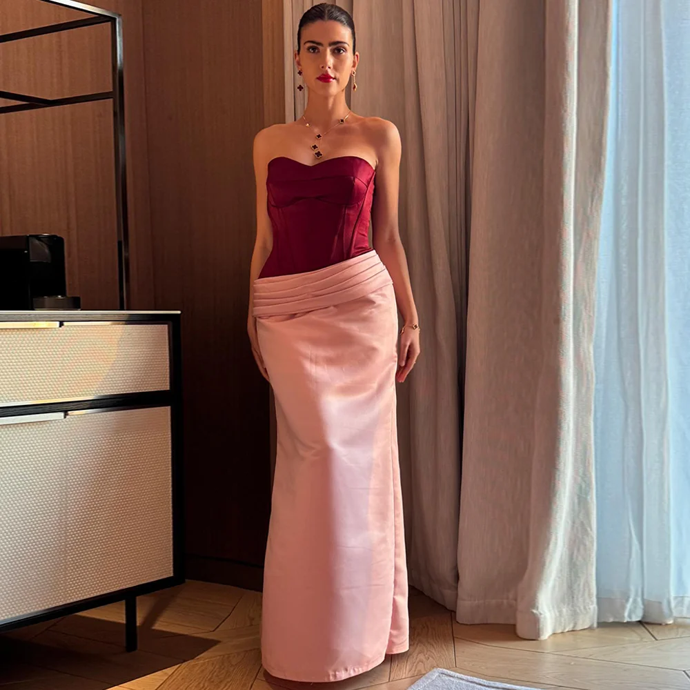 

Dreamy Pink and Burgundy Satin Evening Dress Customized Strapless Sleeveless Celebrity Gowns Zipper Back Special Occasion Gowns