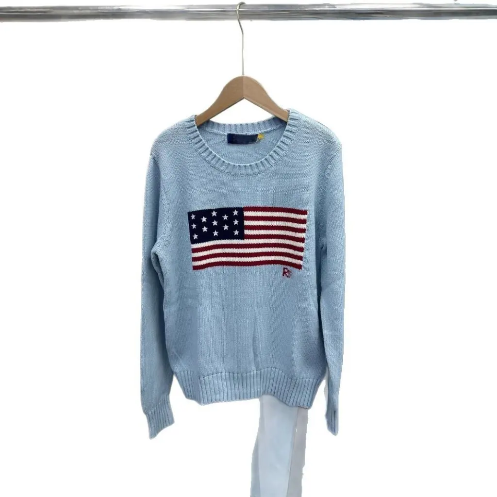 

Women's round Neck Knitted Sweater Heavy Industry Five-Pointed Star Embroidery Striped Flag Pullover for Autumn Winter
