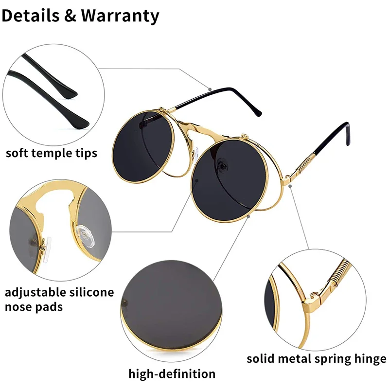 Vintage Round Flip Up Sunglasses for Men Women Juniors Circle Steampunk Costume Glasses