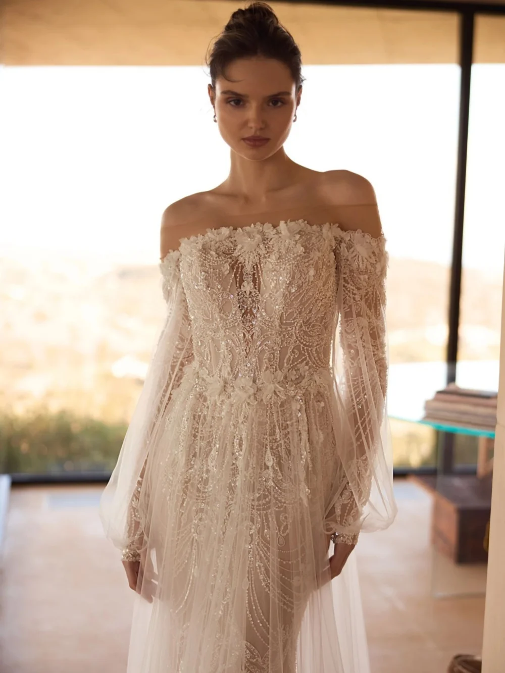 New Ivory Beaded Long Wedding Dress Handmade 3D Floral Off Shoulder Bridal Gown Customized Dreamy A-line Dresses For Bride