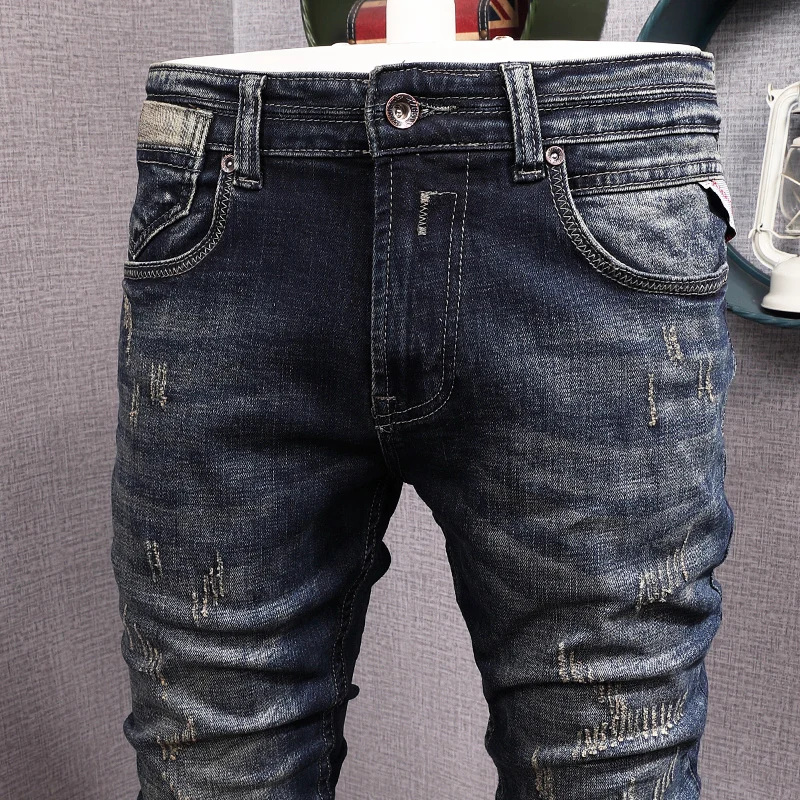 Italian Style Fashion Men Jeans Retro Black Blue Slim Ripped Jeans Men Hole Trousers Vintage Designer Casual Denim Pants Hombre