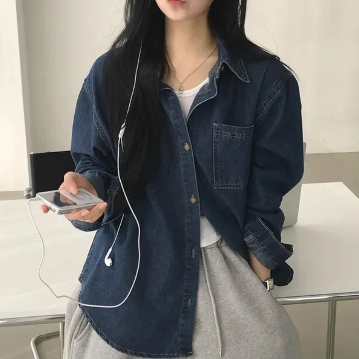 

Vintage Chic Long Sve Denim Single Button Coat Women's Faionable Design Casual Cotton irt for Commuting Non-Fur Lined