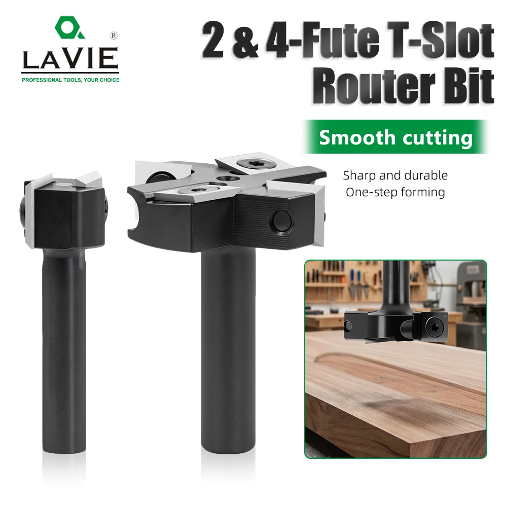 LAVIE 1pc 8mm & 1/2 Shank T-Slot Router Bit 2 Flute Or 4 Flute Wood Milling Cutter For T-Shaped Grooving X08C2051BK