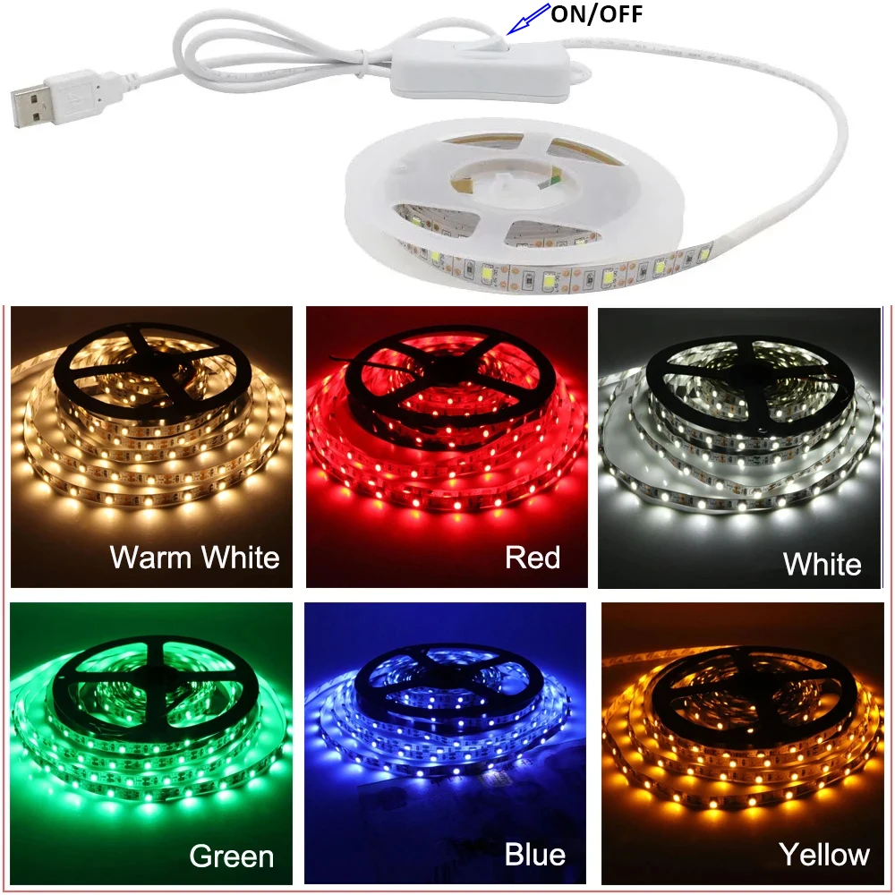 USB 5V LED Strip Lights 2835 Tape Lamp IP65 Waterproof IP20  50CM 1M 2M 3M 4M 5M with 304 Switch ON OFF for Desktop Screen Light
