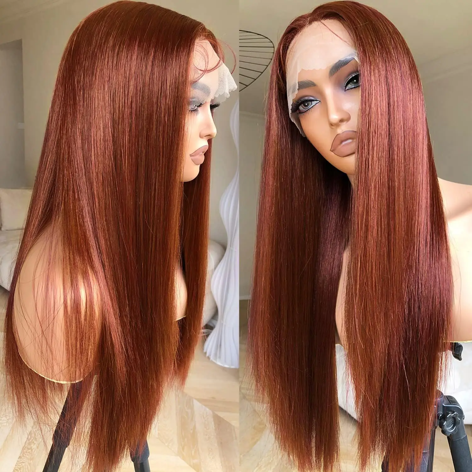 Peruca dianteira do laço reto marrom avermelhado, Perucas de cabelo humano coloridas, 180% densidade total, Cobre Red Lace Frontal Peruca, 13x4