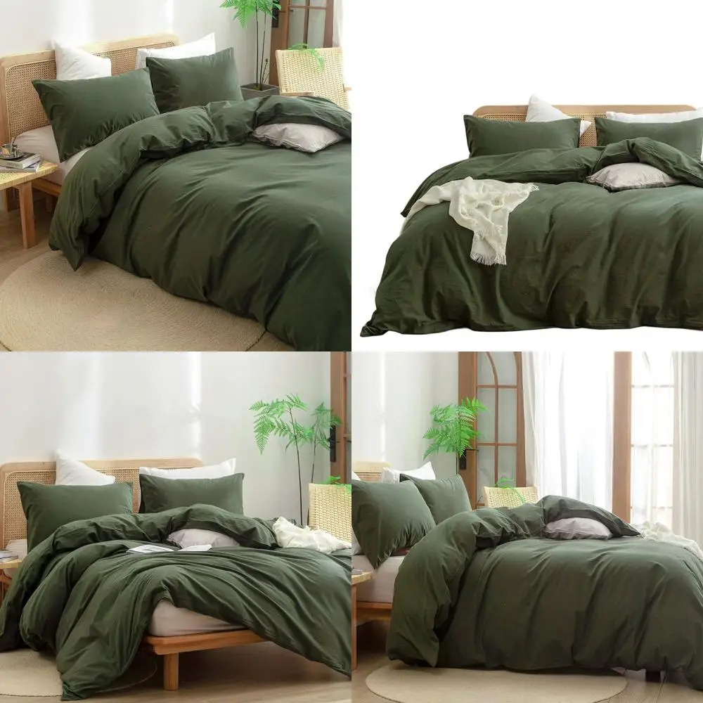 

Duvet Cover Set 100% Washed Cotton Linen Feel Super Soft Comfortable Chic Lightweight 3 PCs Home Bedding Set Olive Green Queen