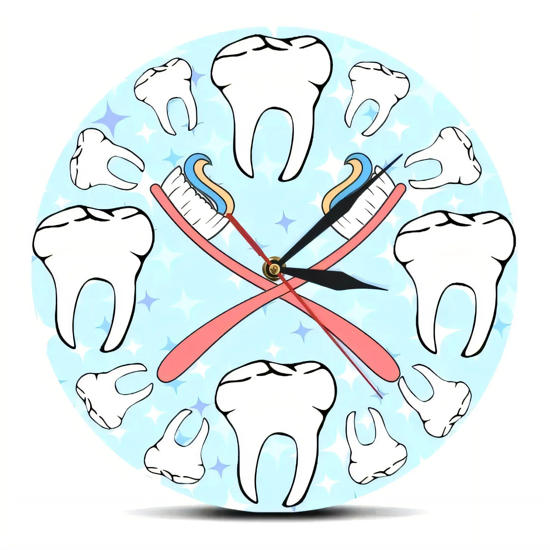 Whimsical Dental Hygiene Wall Clock  Cartoon Teeth Toothbrushes Blue Star Pattern Home Decor 128 Bytes