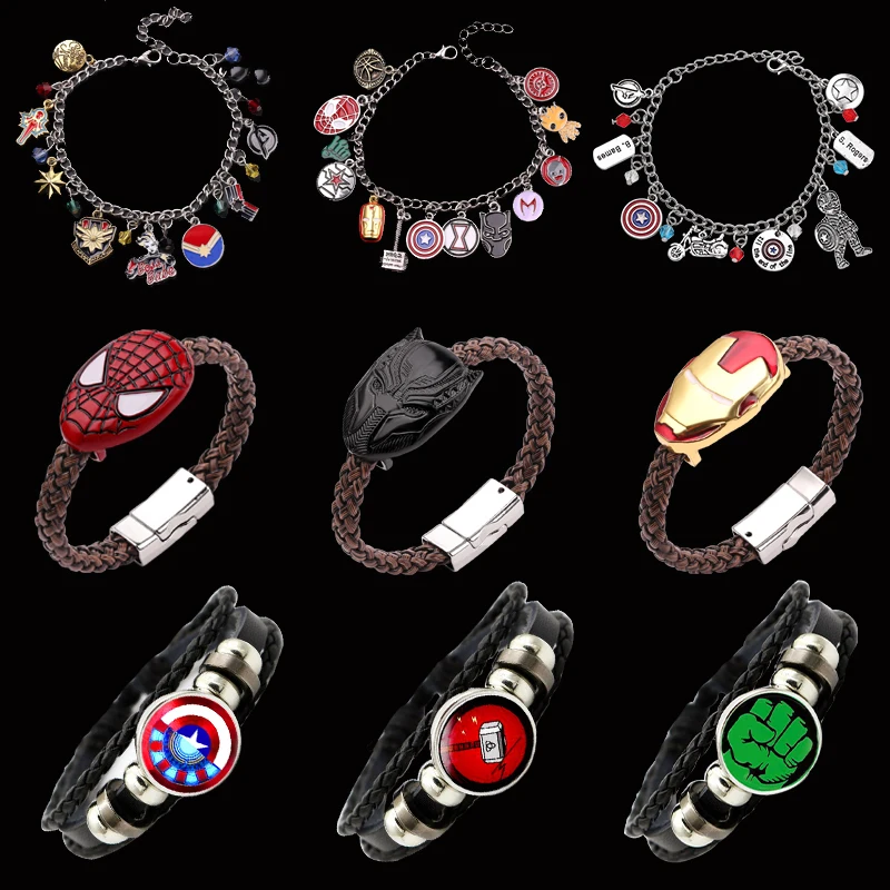 Marvel Movie Jewelry The Avengers Captain America Thor Iron Man Alloy Pendant Hand Woven Rope Bracelet Accessories Gift