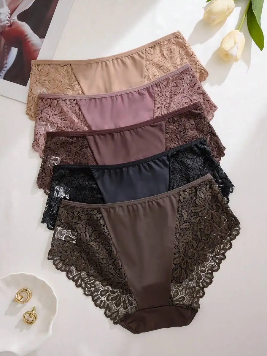 

5 Pcs Women Lace Patchwork Hollow Out Mid Rise Briefs