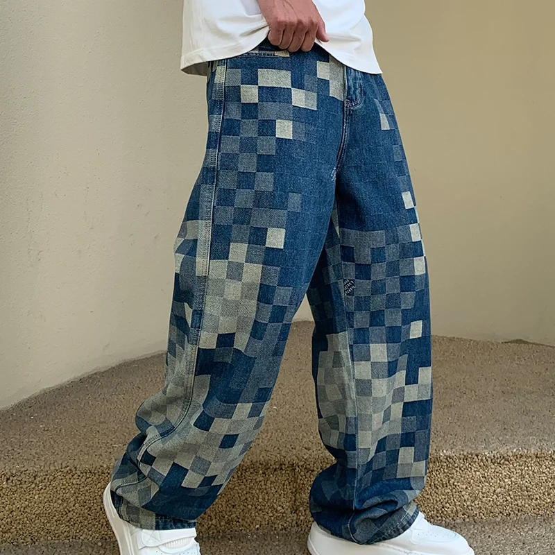 

Mosaic checkerboard jeans, men's fashionable and personalized design, loose straight leg street hip-hop Y2K unique trendy pants