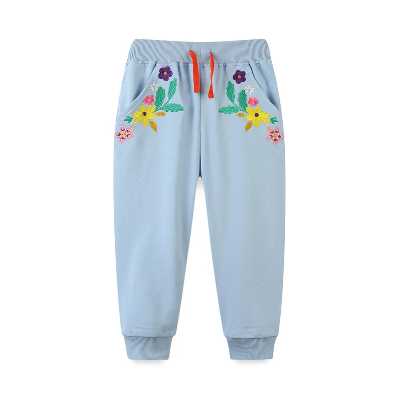 Jumping Meters 2-7T Girls Sweatpants Flowers Embroidery Children\'s Clothing Full Length Drawstring Costume Baby Trousers