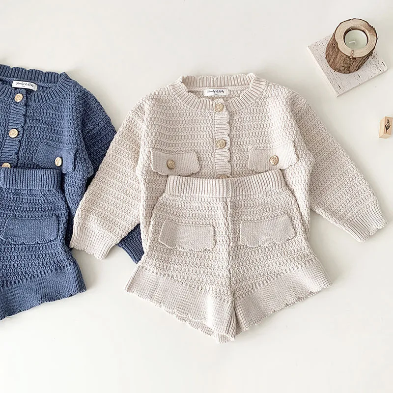 Autumn Spring Kids Clothing Set Long Sleeved Solid Color Knitted Cardigan Coat+Shorts Baby Girl Knitted Clothes Suit