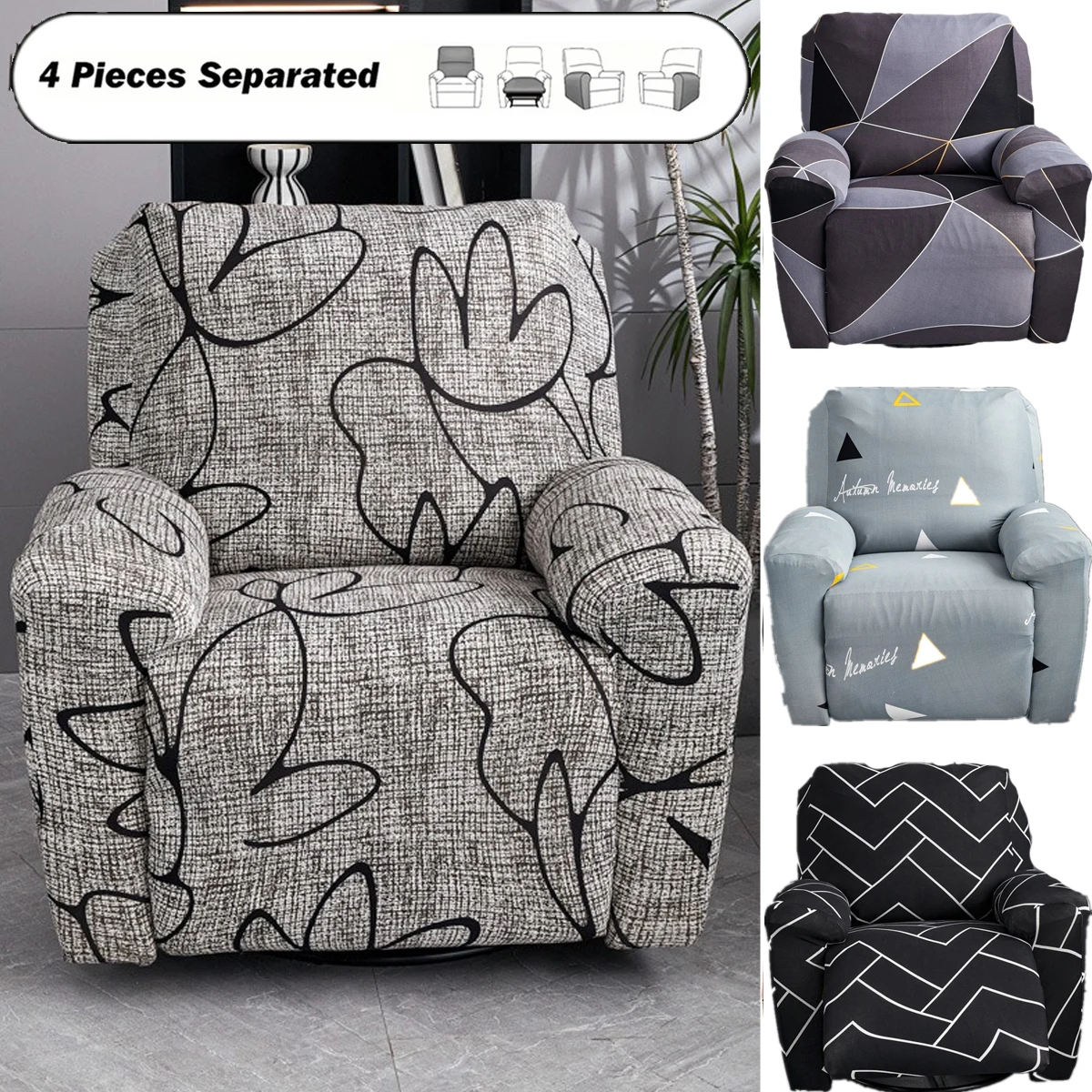 

4PC Printed Stretch Recliner Chair Cover Armchair Slipcovers All-inclusive Recliner Sofa Cover for Living Room Office Home Decor