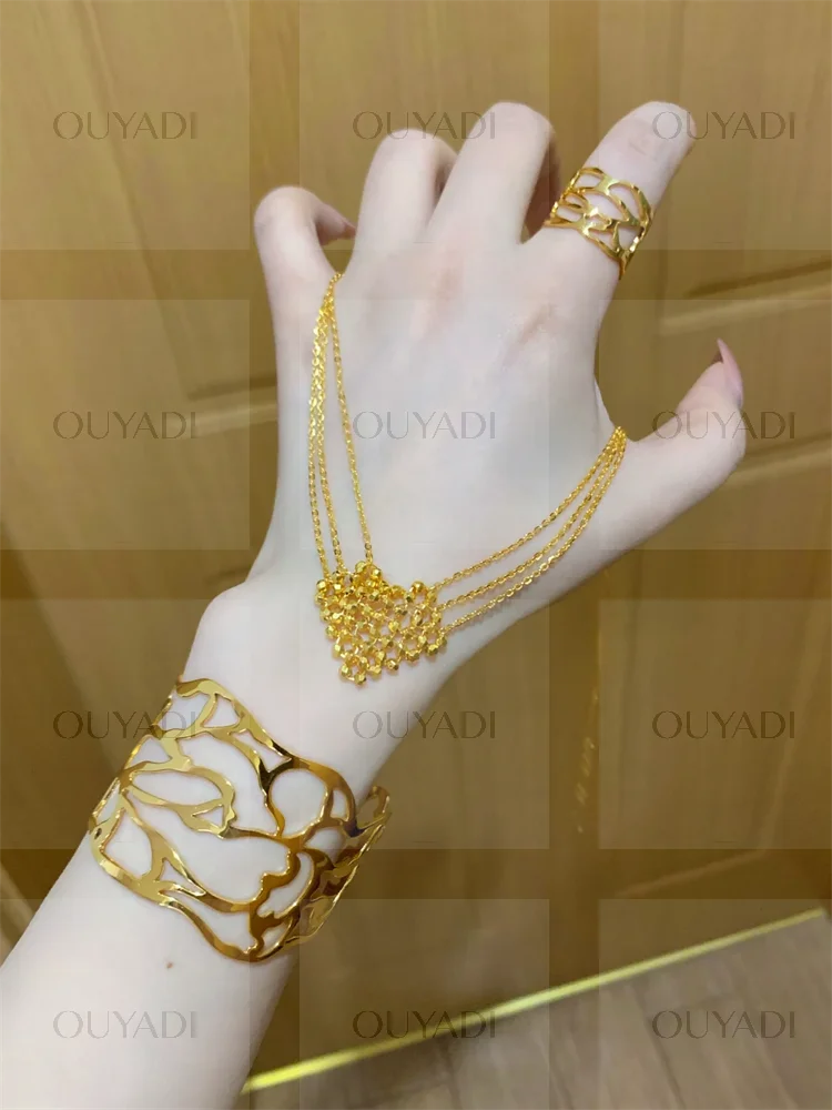 OUYADI AU999 24K Solid Romantic Multi Shiny Bead Heart Pendant Gold Necklace Women Premium Jewelry Gift