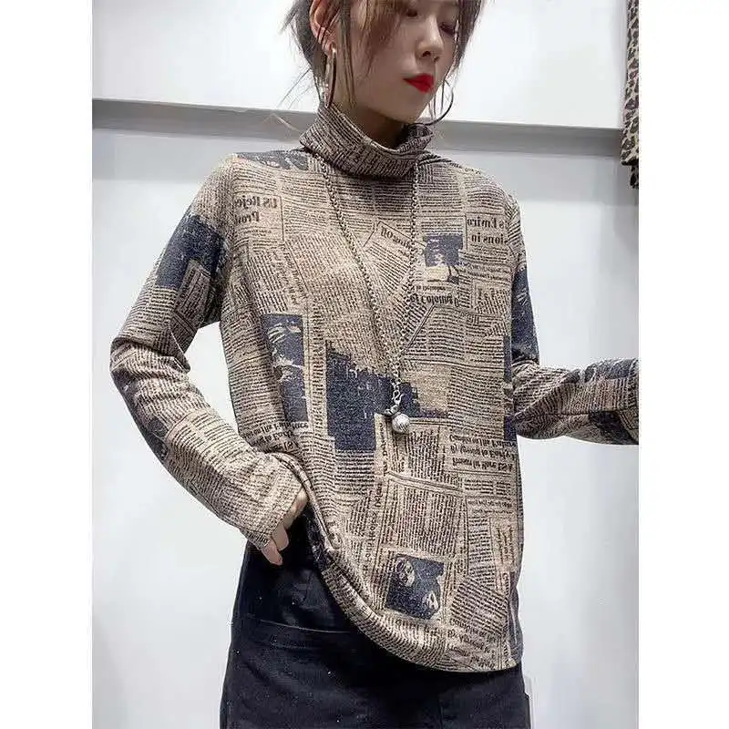 Elegant Fashion Casual Character Printed T-shirt Spring Autumn 2022 New Long Sleeve Turtleneck Loose Basic Tops Women\'s Clothing