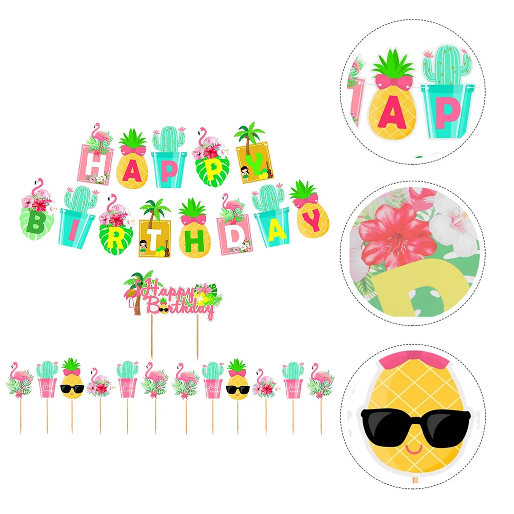 

14 Pcs Summer Party Kit Banner Decorations Birthday Cake Decorative Topper Hawaiian Ornament