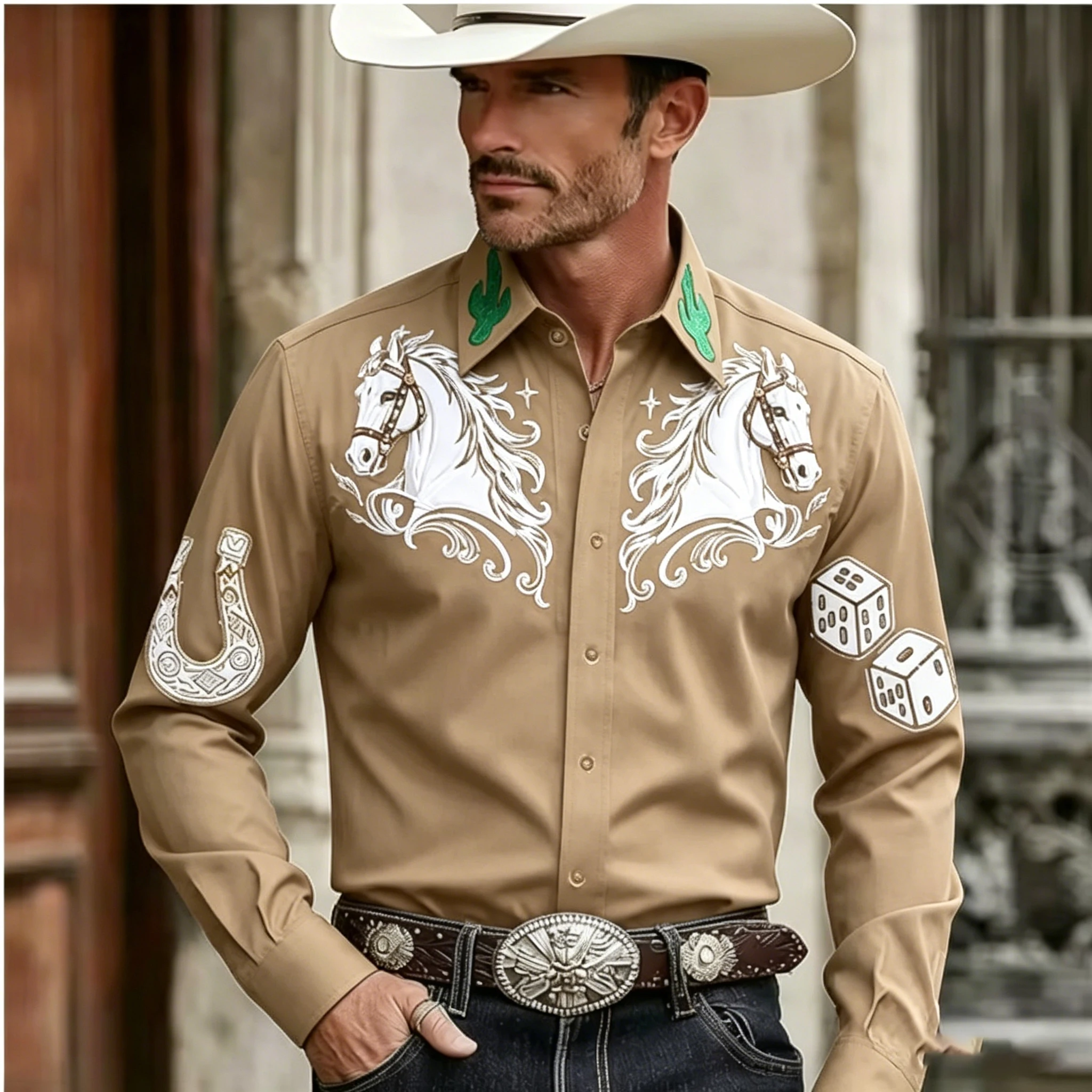 Men's Western Cowboy Style Steed Embroidered Long Sleeve Shirt For Casual  Formal  Social  Party  Buckle Top