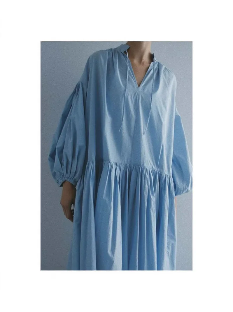 Tannt femmes robe lanterne manches col en v mode chemise décontractée robes pour femmes bleu blanc Vintage robes longues amples 2025 nouveau