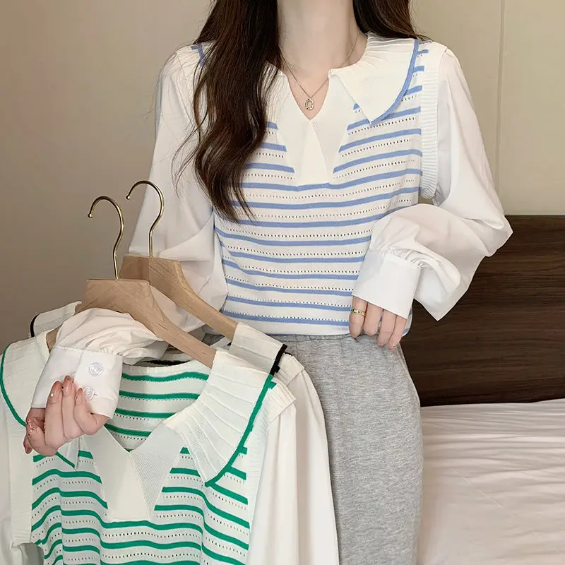 Spring Autumn Elegant Fashion Fake Two Pieces Tshirt Women Clothing Sweet Turn-down Collar Long Sleeve Top Striped Knit Pullover