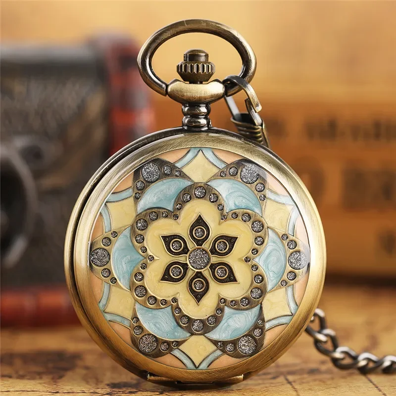 

Steampunk Bronze Blue Crystal Flowers Pocket Watch with Hand Winding Mechanical Watches Skeleton Pendant Chain Clock Reloj Gift