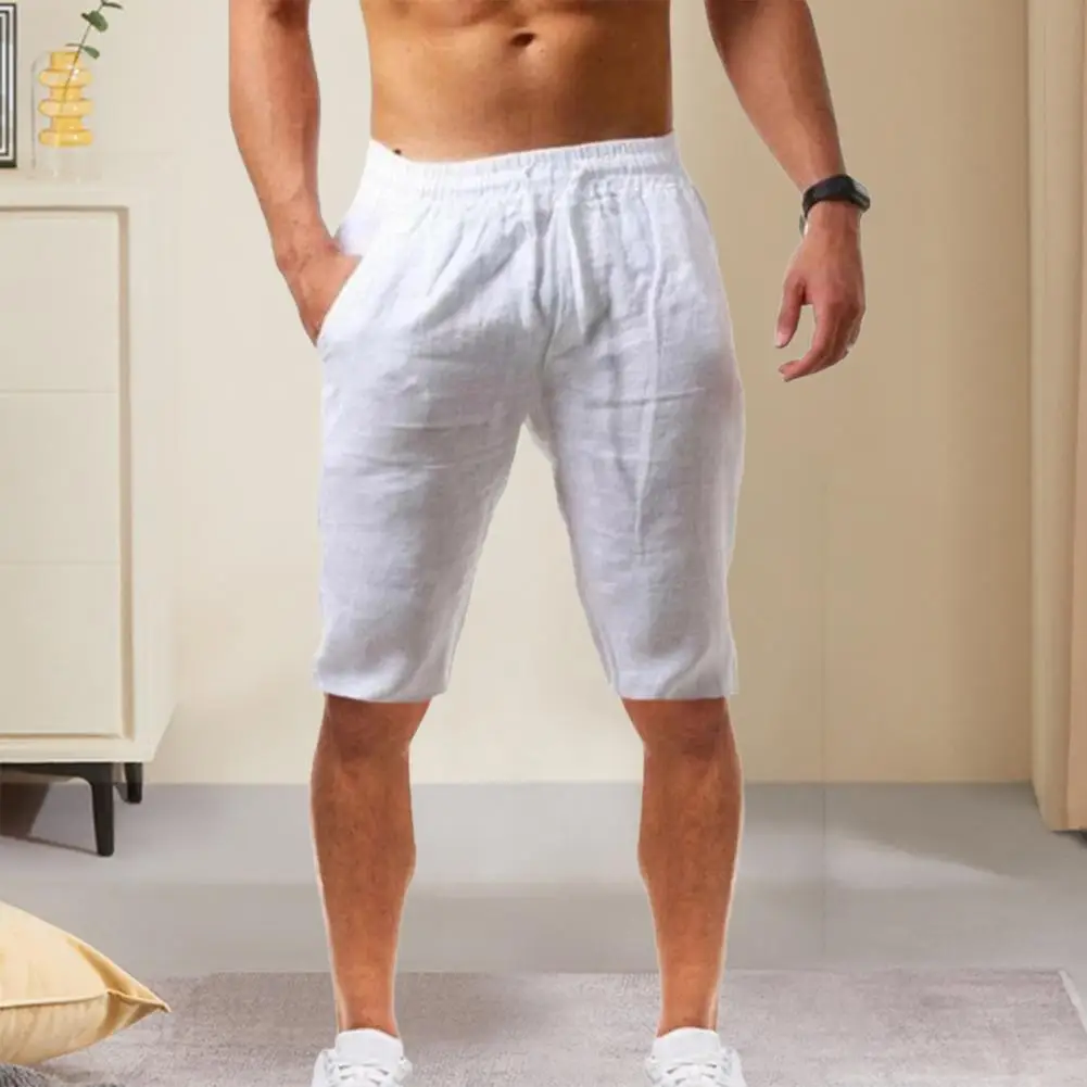 

Casual Men Shorts With Adjustable Drawstring Solid Color Soft Breathable Elastic Waist Loose Fit Shorts With 2 Side Pockets