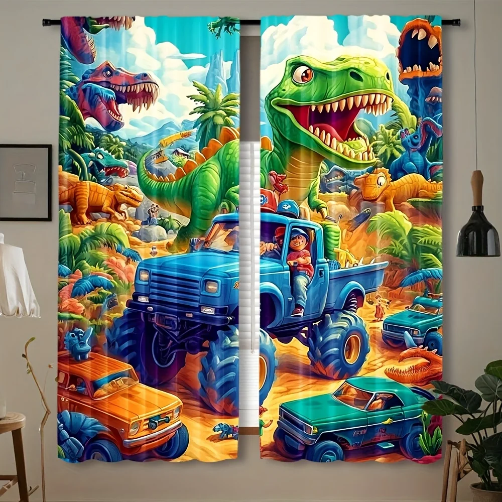 Colorful Dinosaur Jungle Curtain Pair Prehistoric Safari Window Shade Cute Jeep Dinosaur Decor Nursery Kids Room Home Decoration