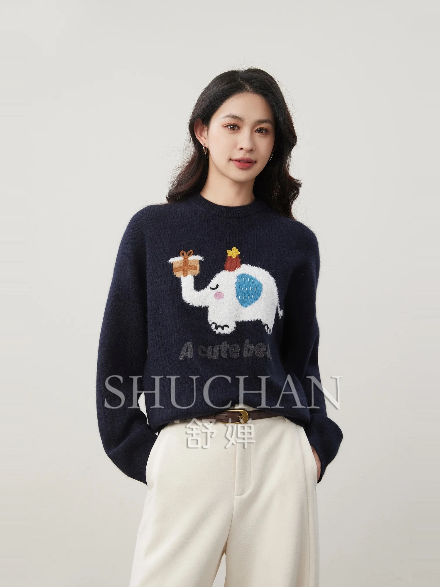 

Good Quality, Wool Cashmere Cartoon Elephant Towel Embroidered Crew Neck Knitted Sweater Women Blusa Inverno Feminina