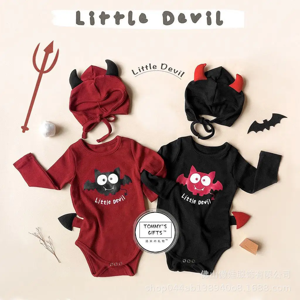 Baby Autumn Korean Style Long Sleeve Romper Little Devil Printed Hooded Onesie Ins Halloween Festive Outfit Newborn Jumpsuit