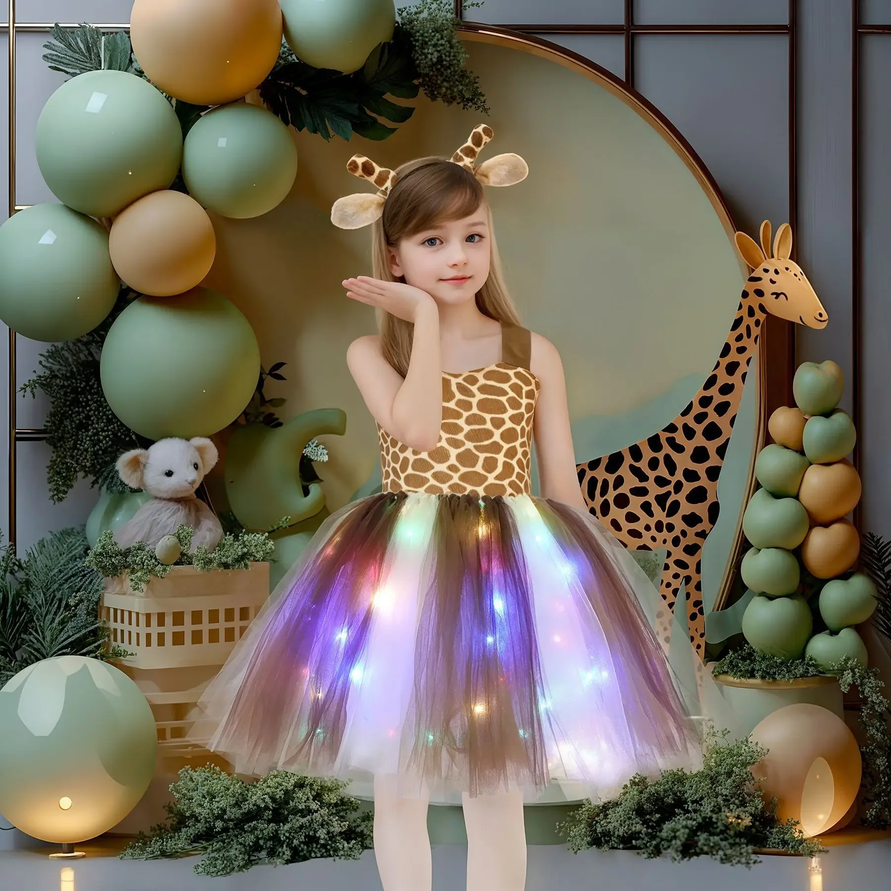 Animal Party Costumes LED Light Up Dress Cat Tiger Giraffe Glow Tutu Skirt Tulle Dress Dance Party Costumes Headband Cosplay