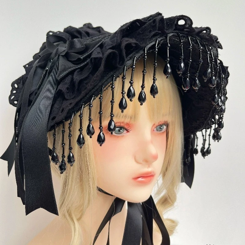 Victorian Gothic Teaparty Hat with Lace Bowknot Design Black Pearls Tassesl Hat Prop Fashionable Accessory for Halloween Party 4