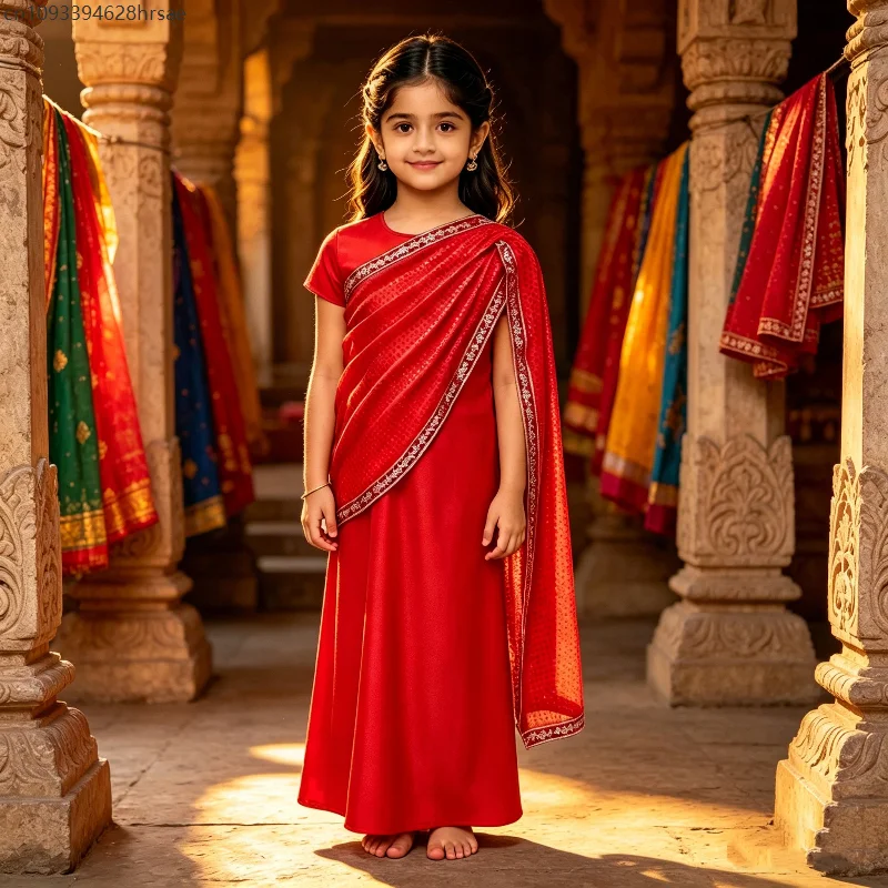 

Mädchen Red Indian Traditional Dance Saree Dress Ethnic Gown Enfant Festival Party Stage Performance Princess Cosplay Costume