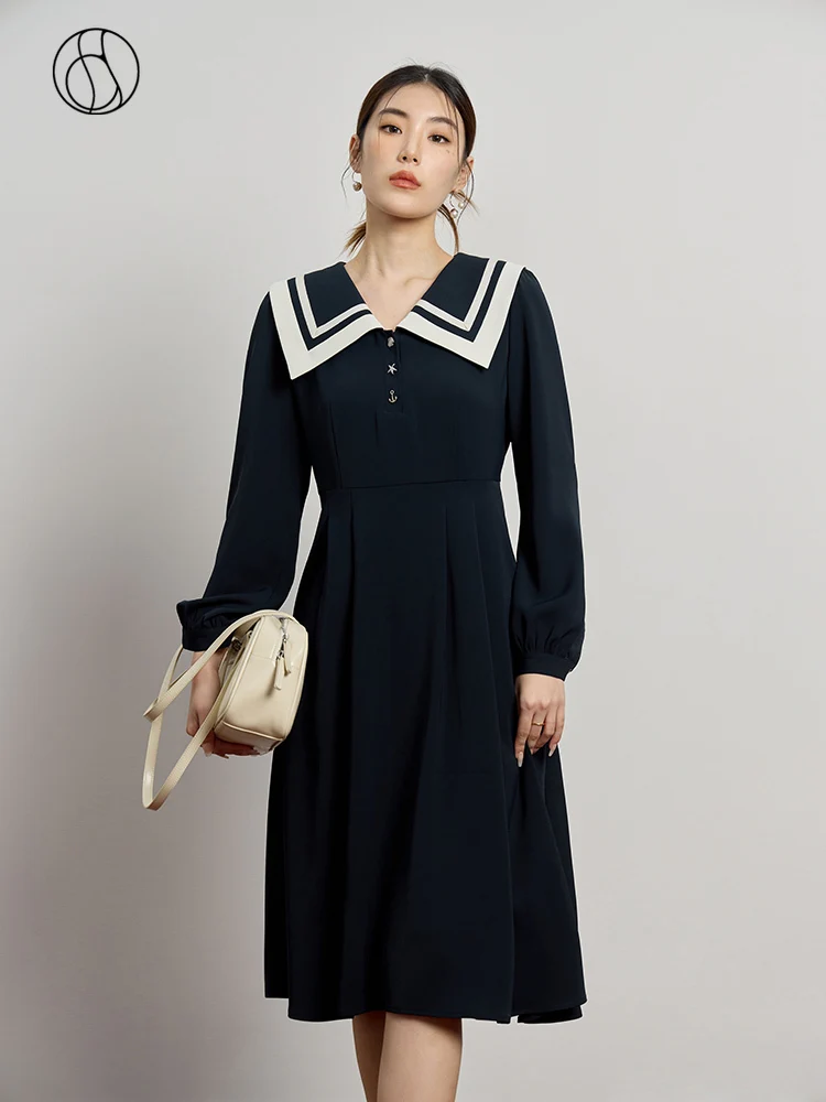 

DUSHU Contrast Navy Collar Women Long Sleeve Autumn Dress Red Retro Pleated Design A-LINE Polyester Office Lady Solid Dresses