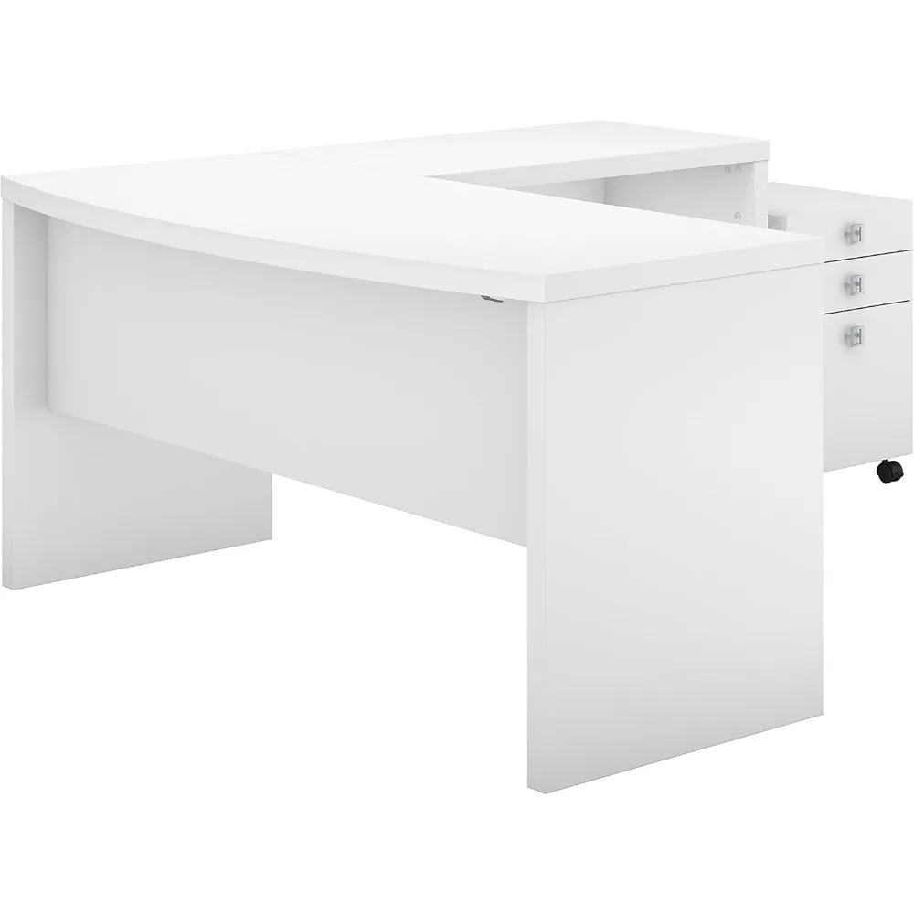 Business Furniture Echo L Shaped Bow Front Desk with Mobile File Cabinet in Pure White